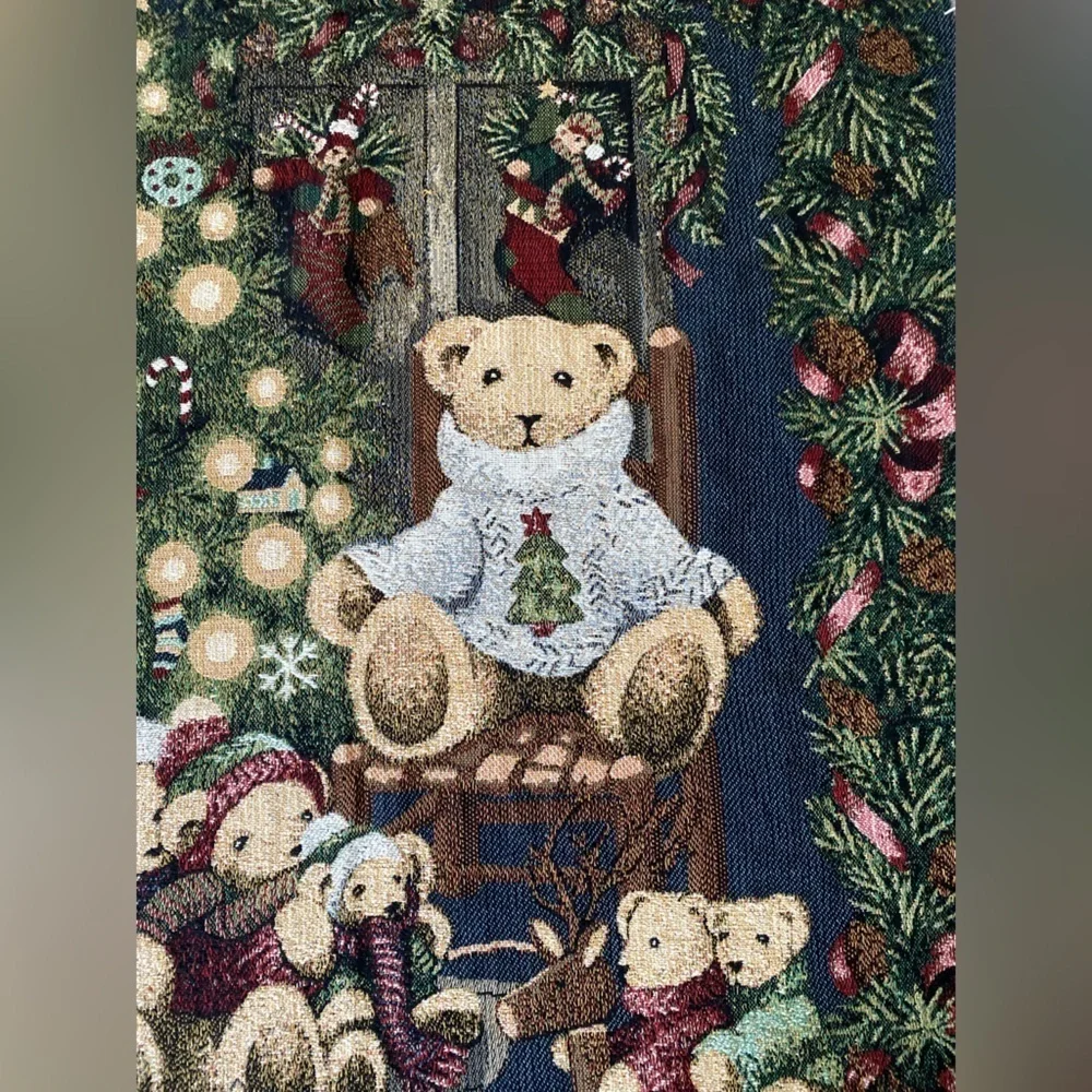 Vintage Goodwin Weavers Christmas Tree Teddy Bear Throw Woven Blanket Tapestry